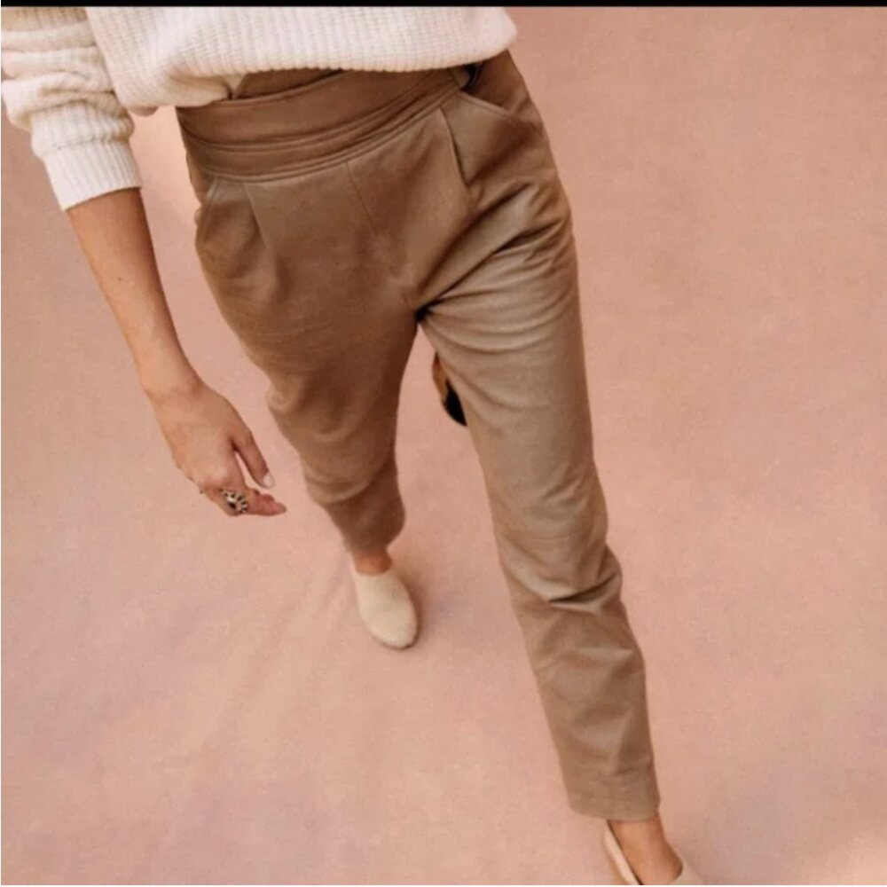 Sezane Franklin Trousers Size 34 US 2 Grey/Beige Lamb Leather Lined Pockets